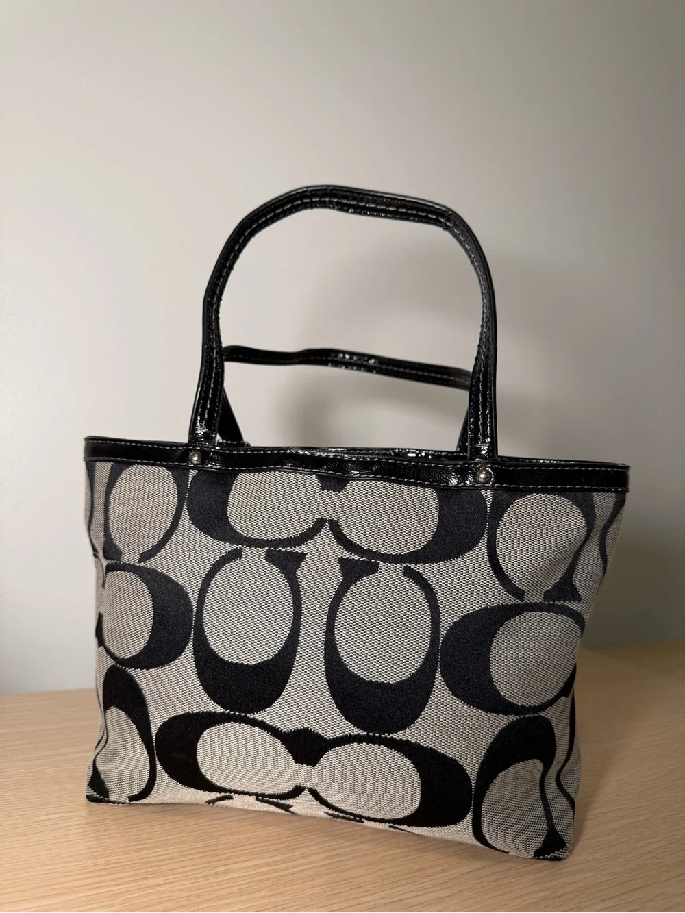 Vintage Y2K Coach Signature Stripe Small Tote Bag Black/Gray Jacquard F15112